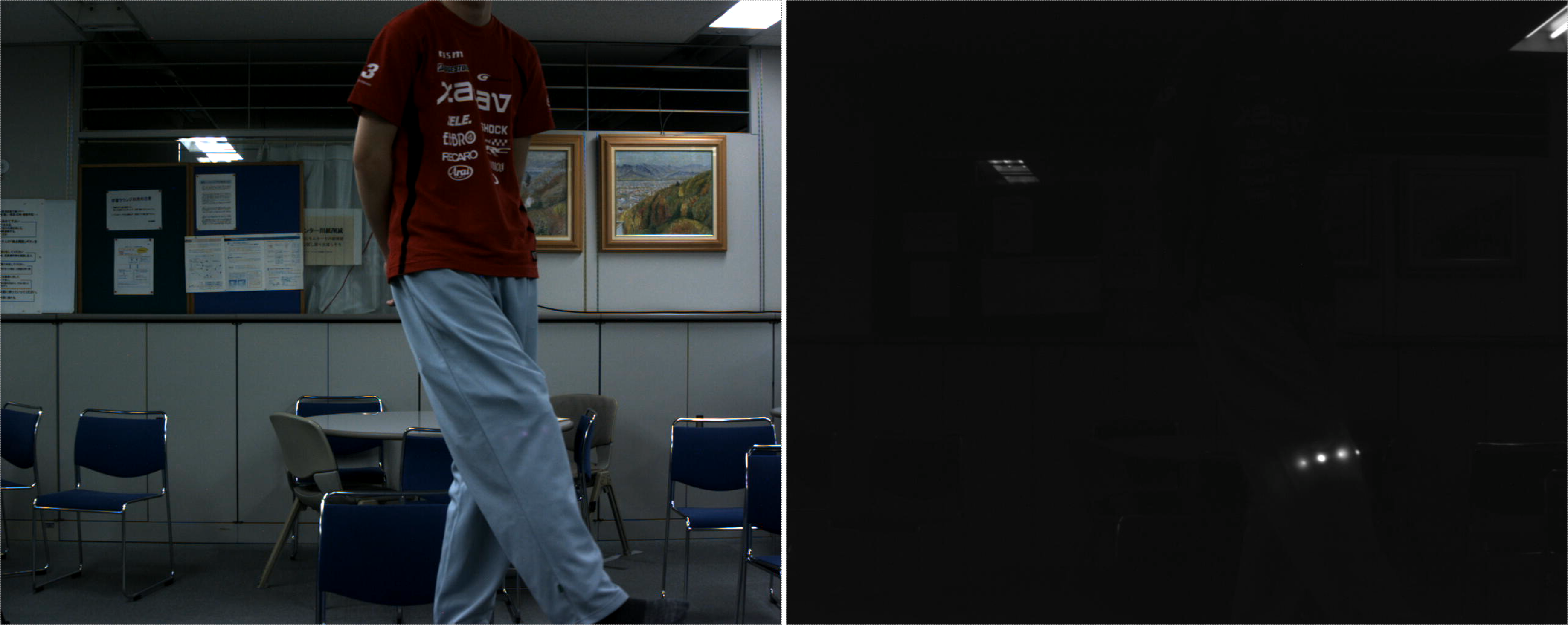 左は可視画像。LEDは見えない。右はIR画像。LEDが透過して確認できる。